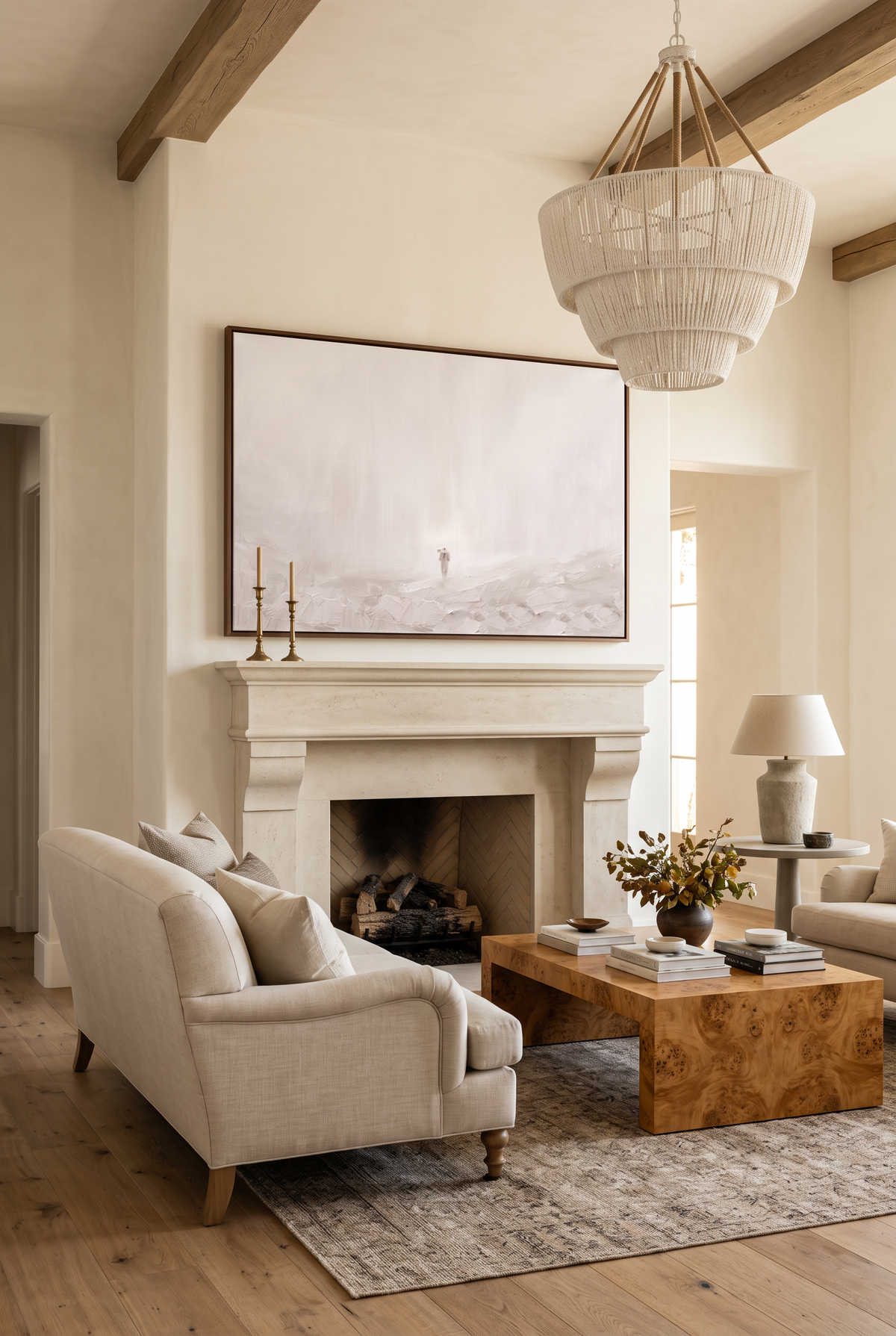 Found framed canvas above a limestone fireplace in a beamed living room