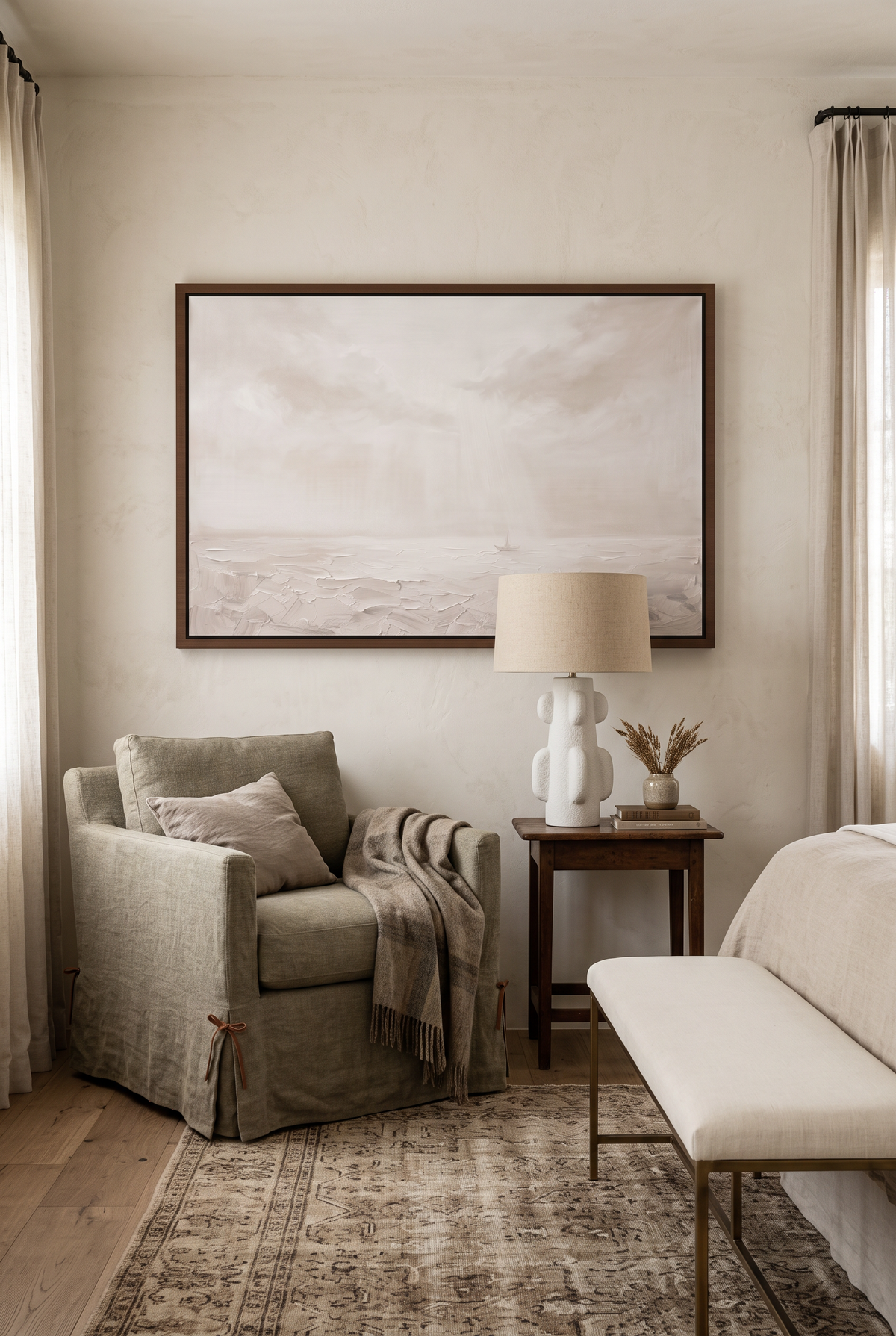 Peace, Be Still framed canvas above a slipcovered reading chair in a calm bedroom corner
