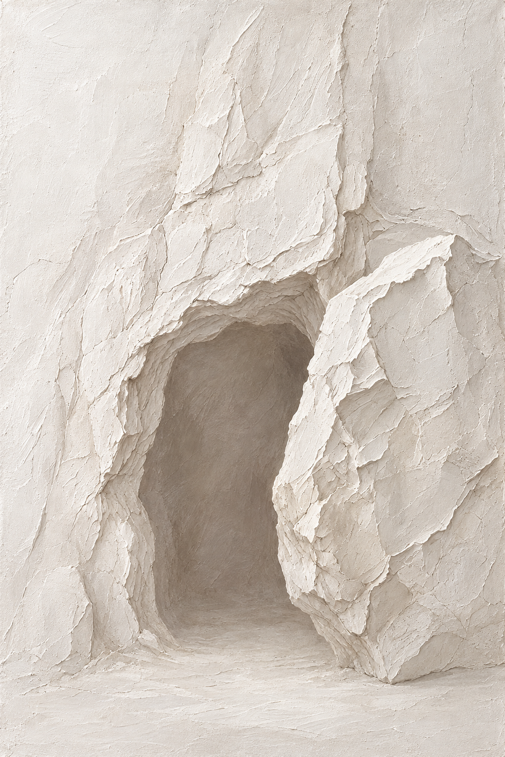 He Is Risen Christian wall art, full painting: an open cave tomb in white stone beside a huge rolled-away boulder