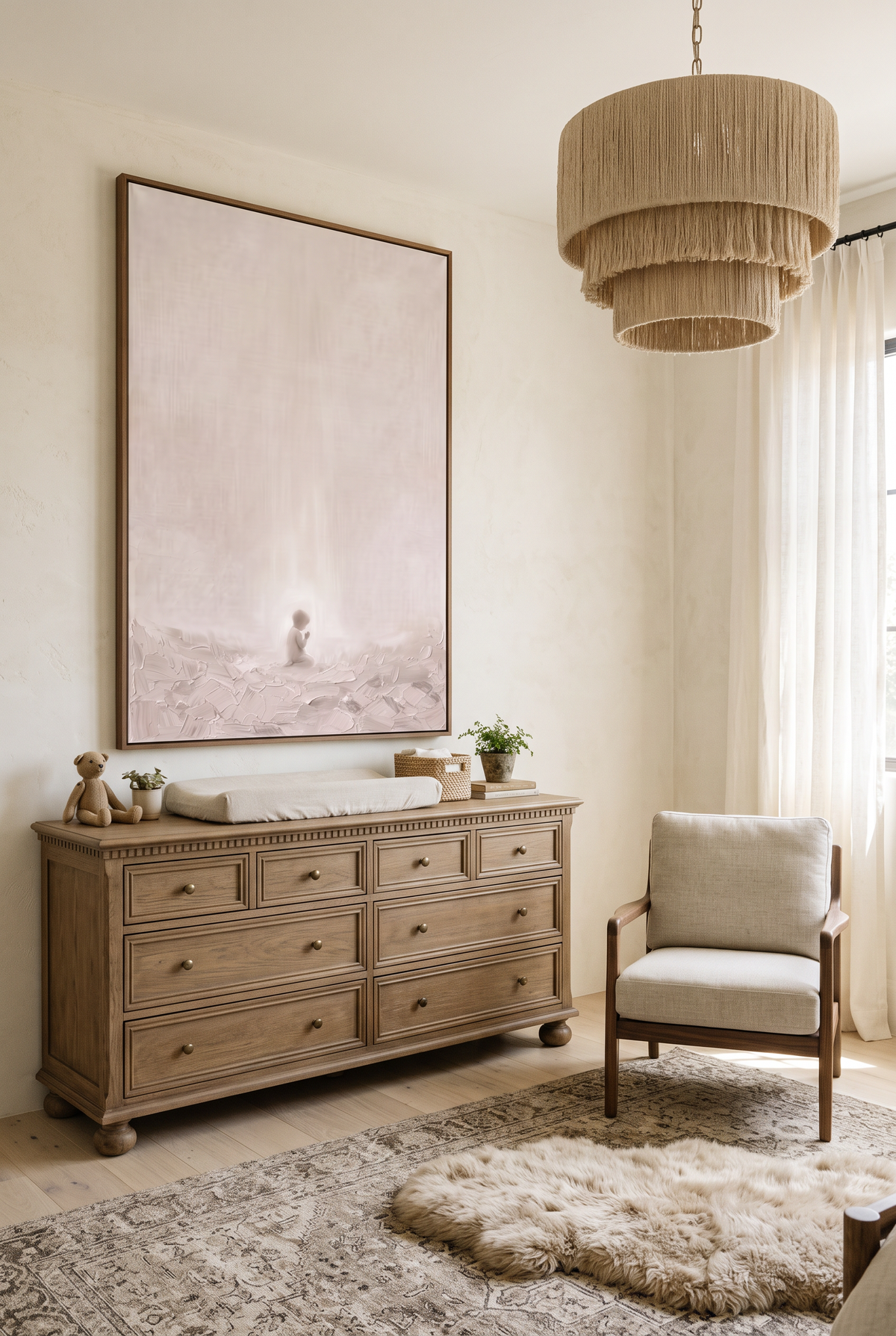 Let the Little Children Come framed canvas above an oak dresser in a neutral nursery with a fringe pendant