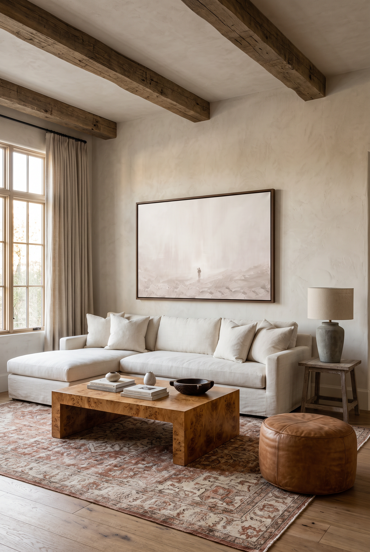 Found framed canvas above an ivory chaise sectional in a beamed den with a burl coffee table