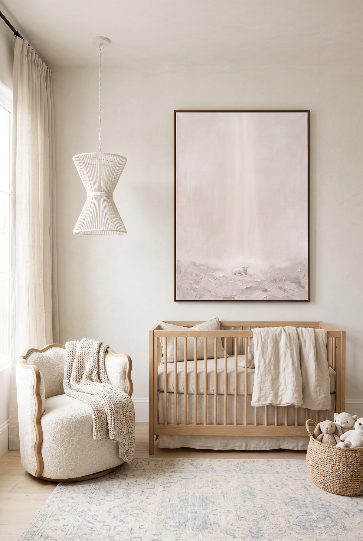 Behold the Lamb framed canvas above a natural oak crib in a soft neutral nursery