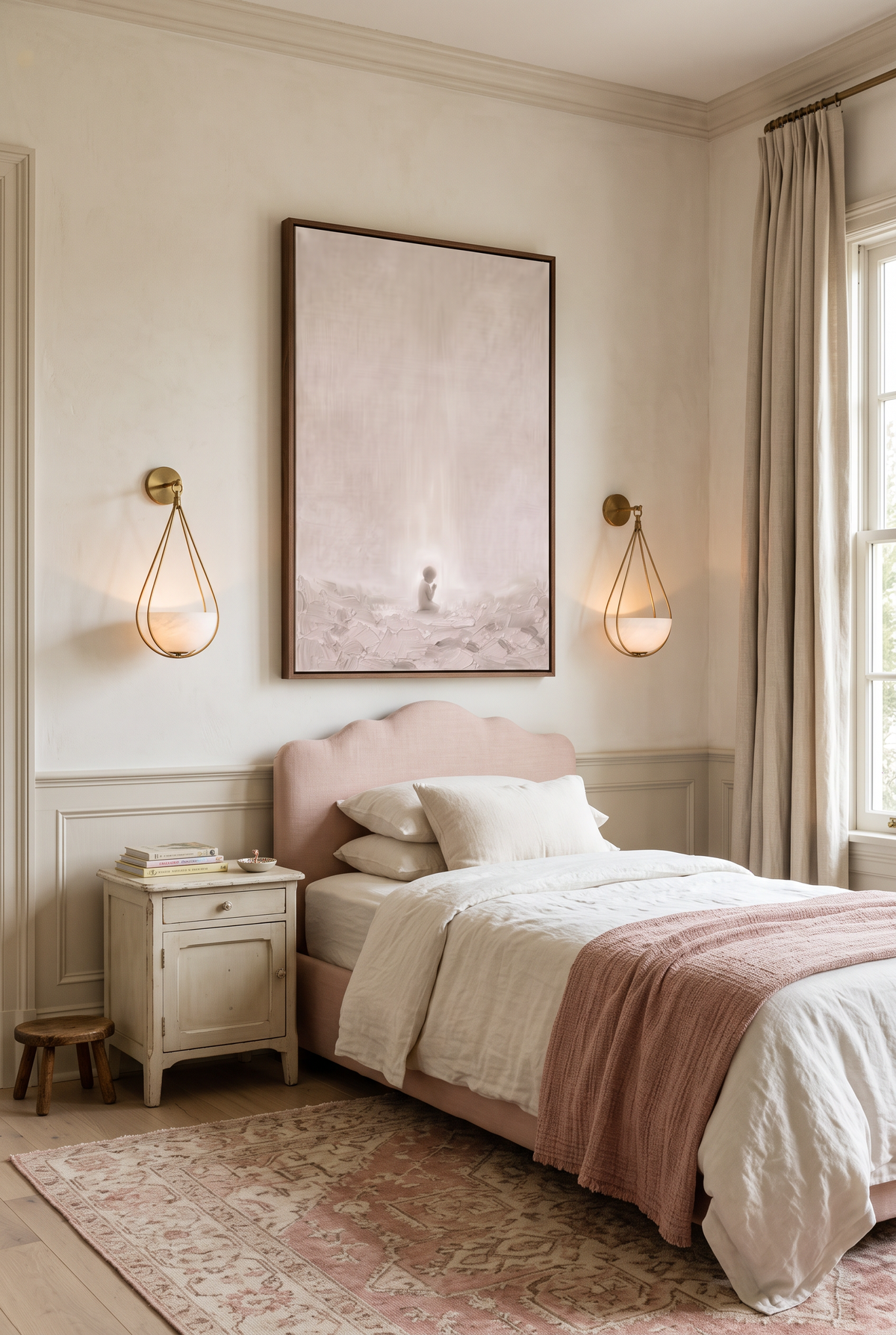 Let the Little Children Come framed canvas above a blush scalloped bed in a little girl's room