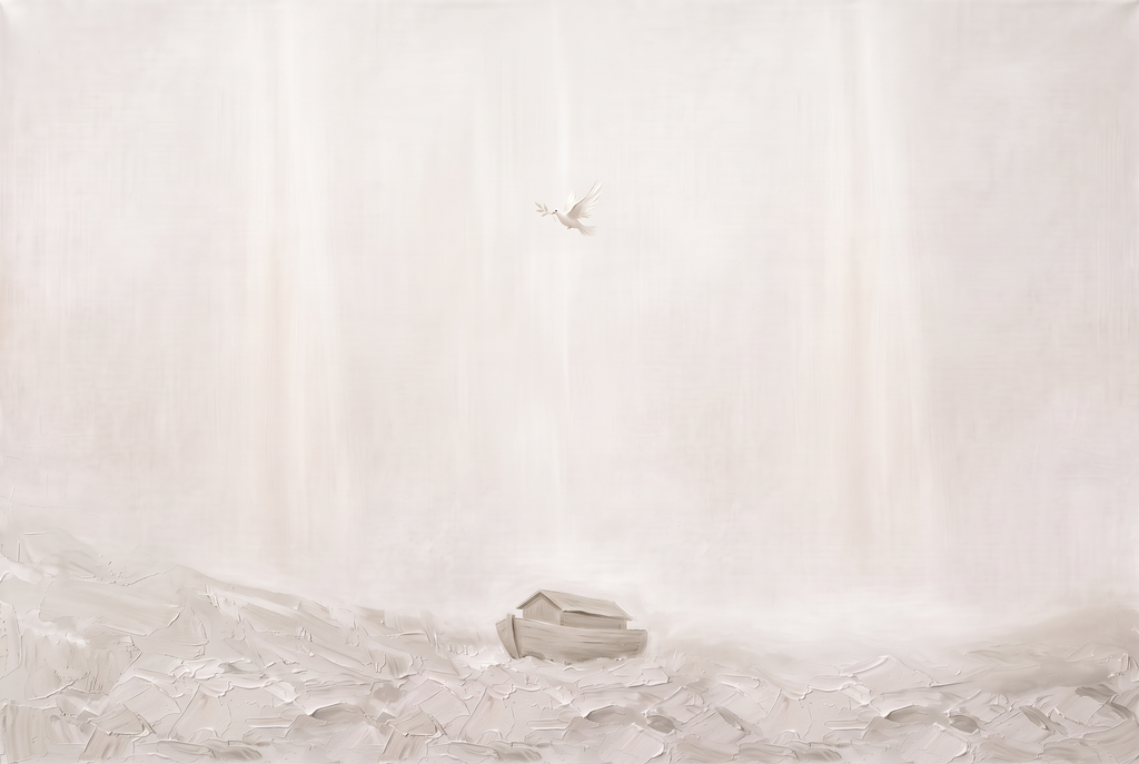 After the Flood Christian wall art, full painting: the ark resting on a misty hillside with a dove flying toward it