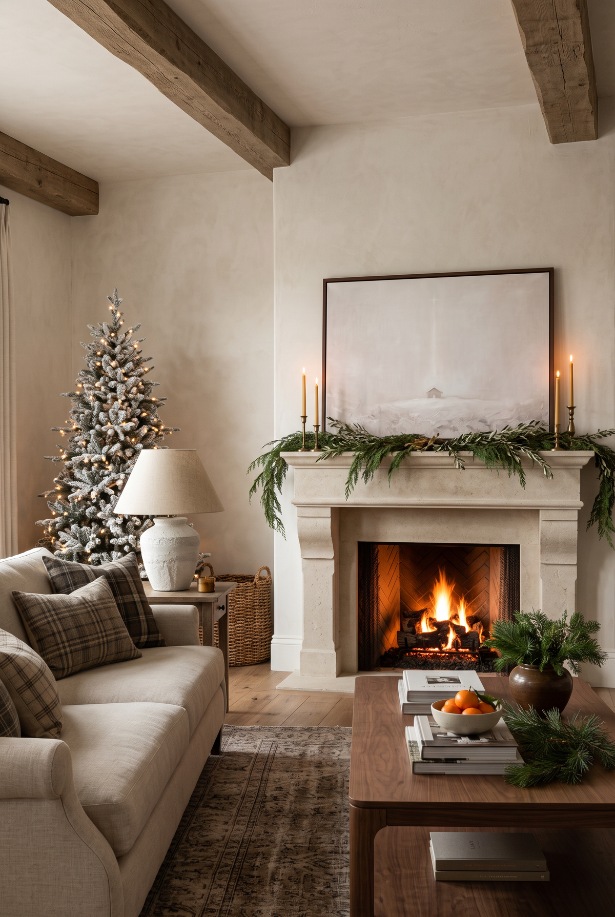 The Quiet Night framed canvas on a limestone mantel with Christmas garland, candles and a lit tree