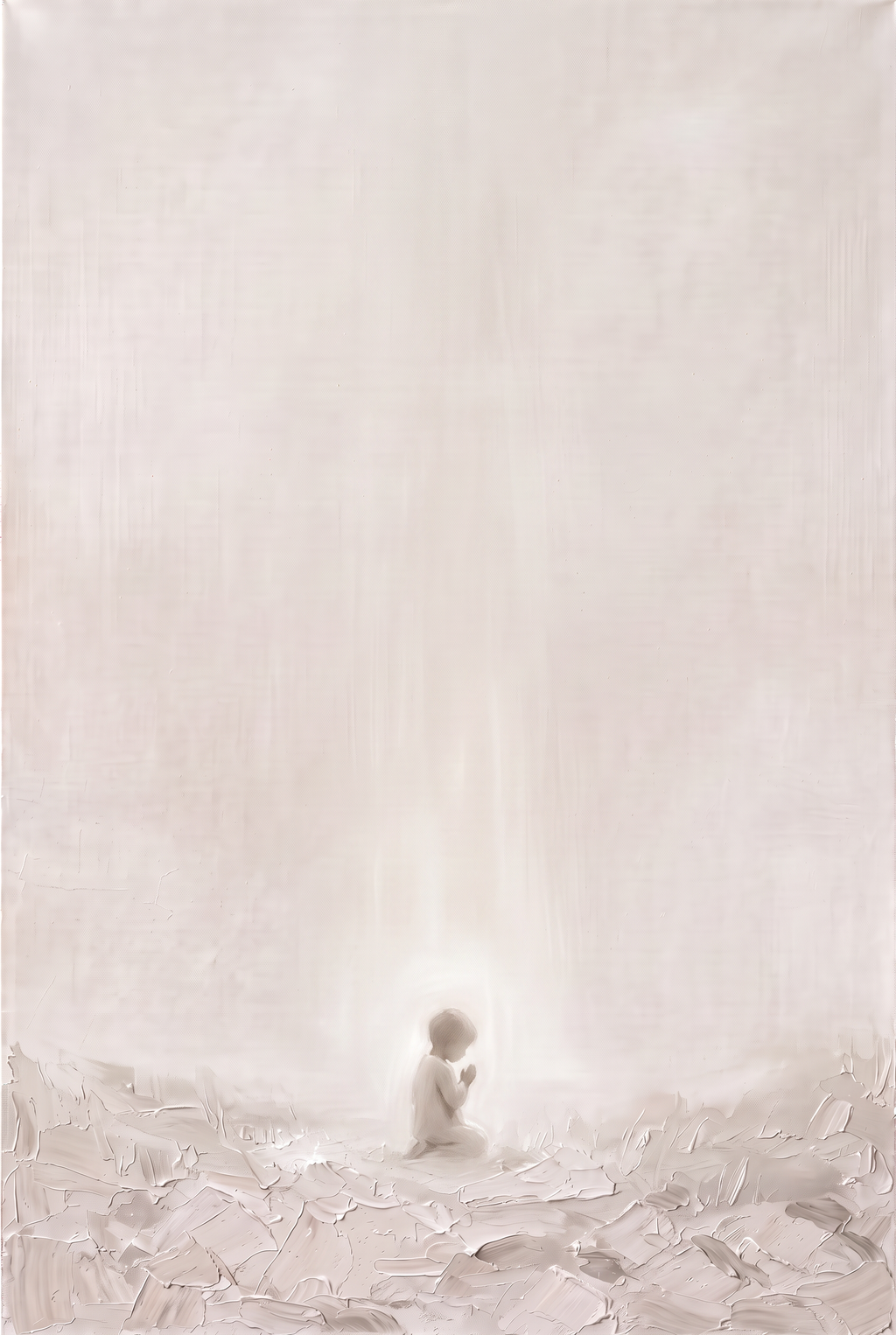 Let the Little Children Come Christian wall art, full painting: a small child kneeling in prayer, surrounded by soft light