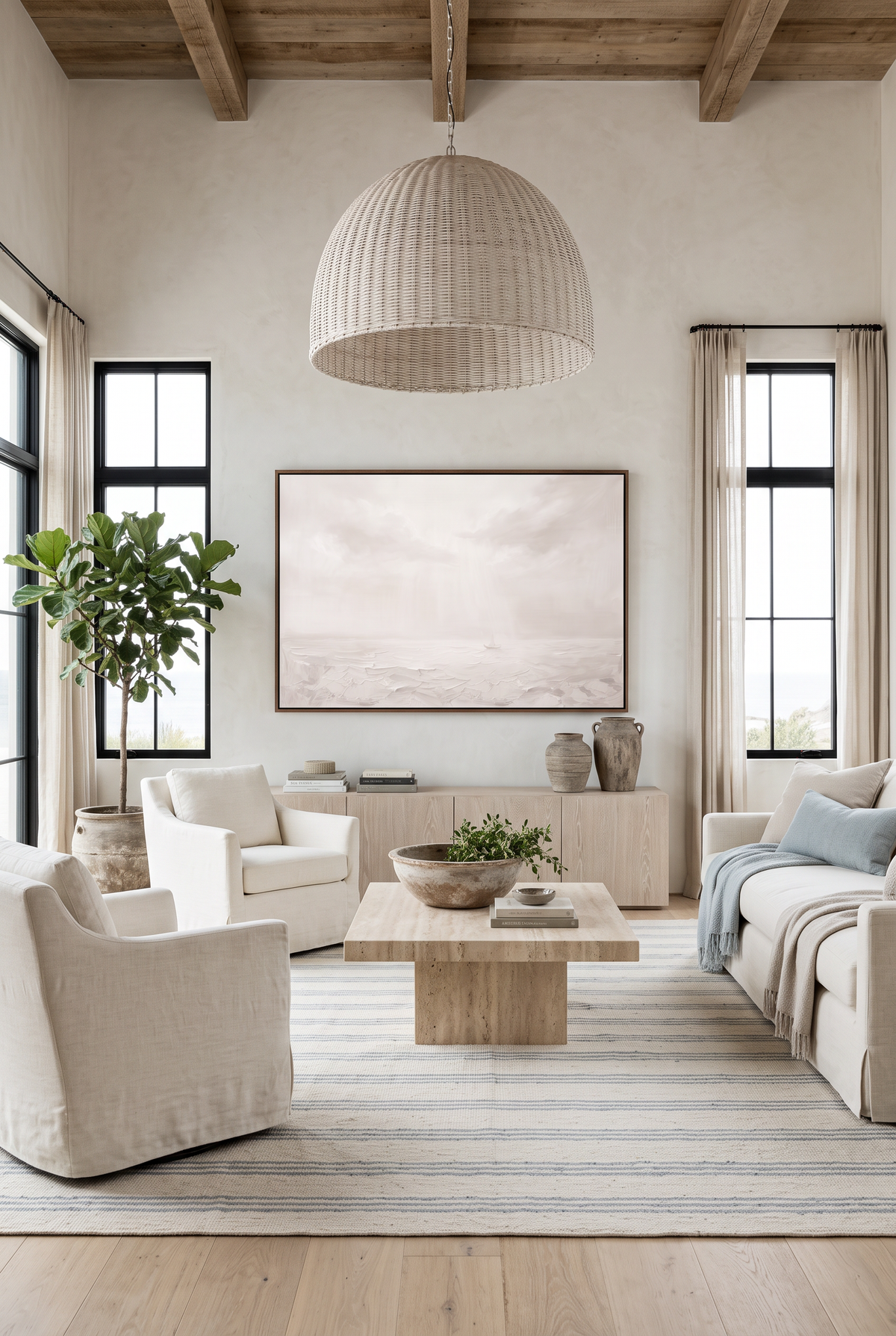 Peace, Be Still framed canvas above a low console in an airy coastal living room