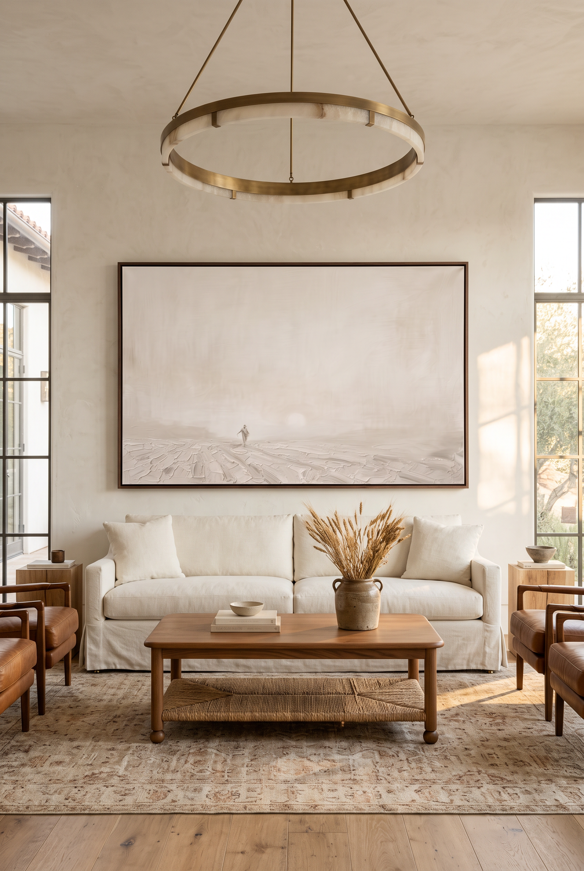 The Sower framed canvas above a white slipcovered sofa under a brass and alabaster ring chandelier