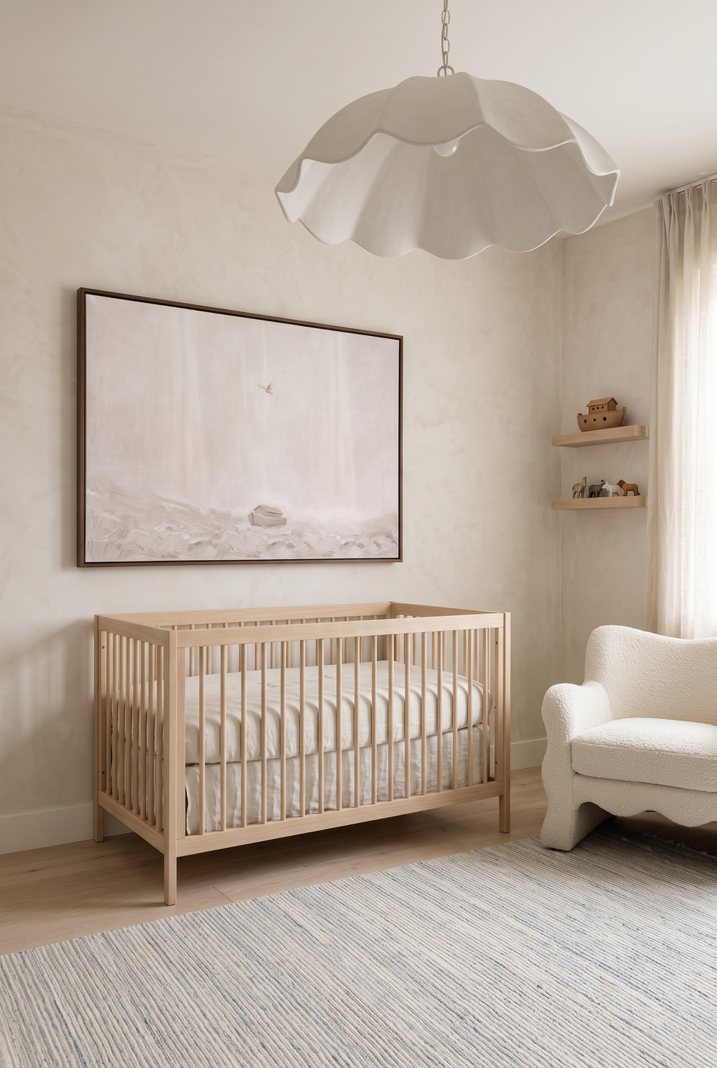 After the Flood framed canvas above a natural oak crib in a soft neutral nursery