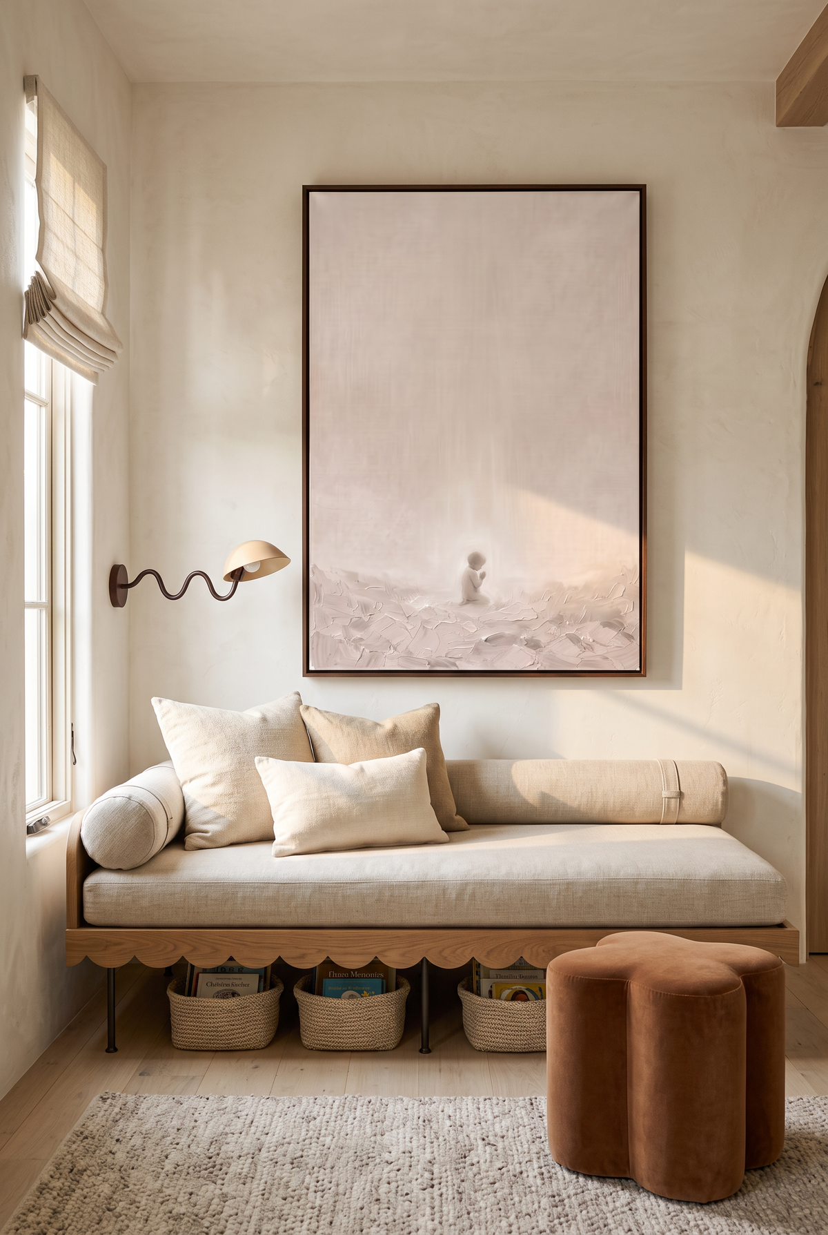 Let the Little Children Come framed canvas above a linen daybed in a kids' reading nook