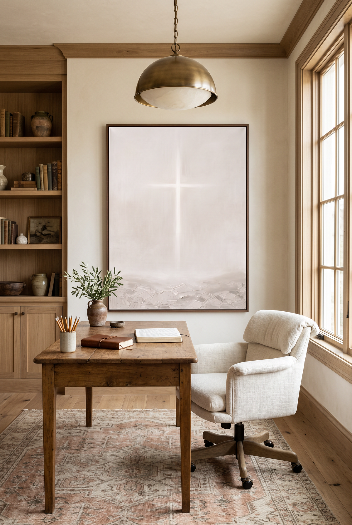 The Cross framed canvas behind an oak writing desk in a calm home office