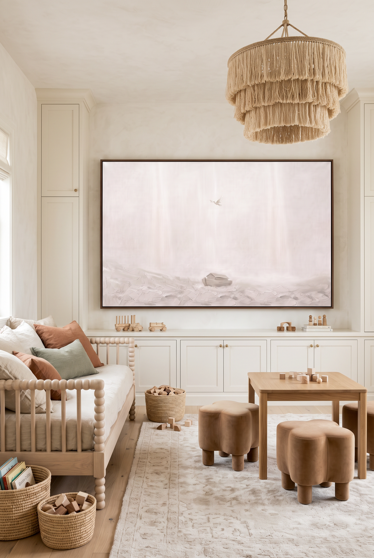 After the Flood framed canvas above built-in cabinets in a warm, airy playroom