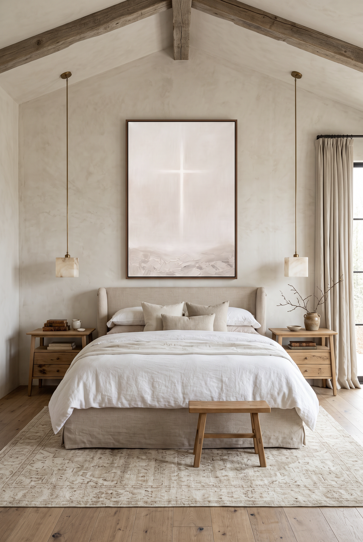 The Cross framed canvas above a linen bed under a vaulted beamed ceiling with alabaster pendants