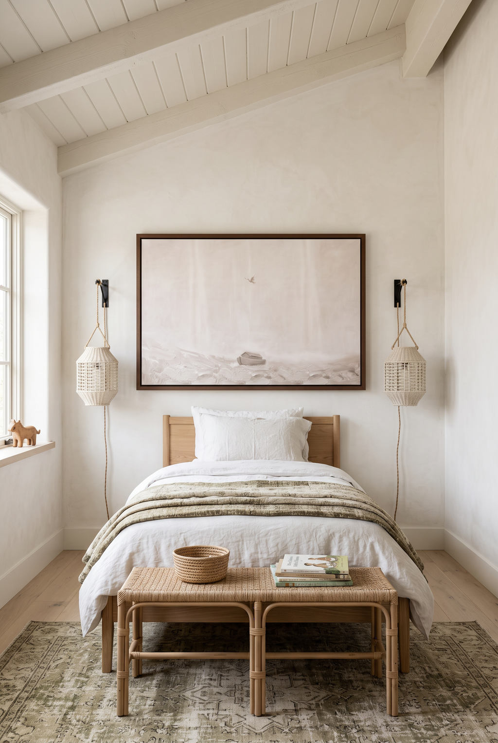 After the Flood framed canvas above a linen-dressed bed in a peaceful child's bedroom