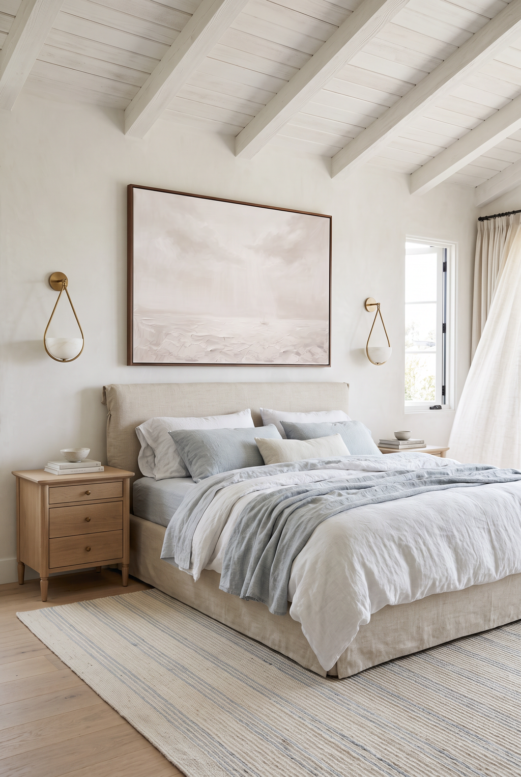 Peace, Be Still framed canvas above a linen slipcover bed in a breezy coastal bedroom