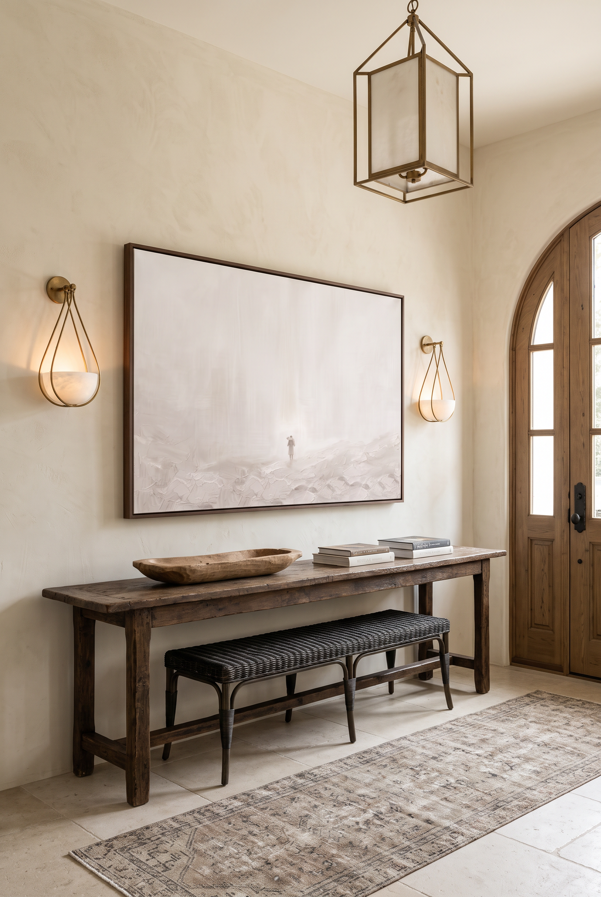 Found framed canvas above an antique console in a plaster foyer with brass sconces