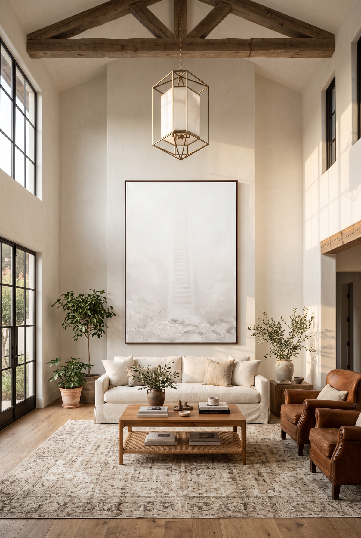 Jacob's Ladder framed canvas hung large on a double-height plaster wall above a slipcovered sofa