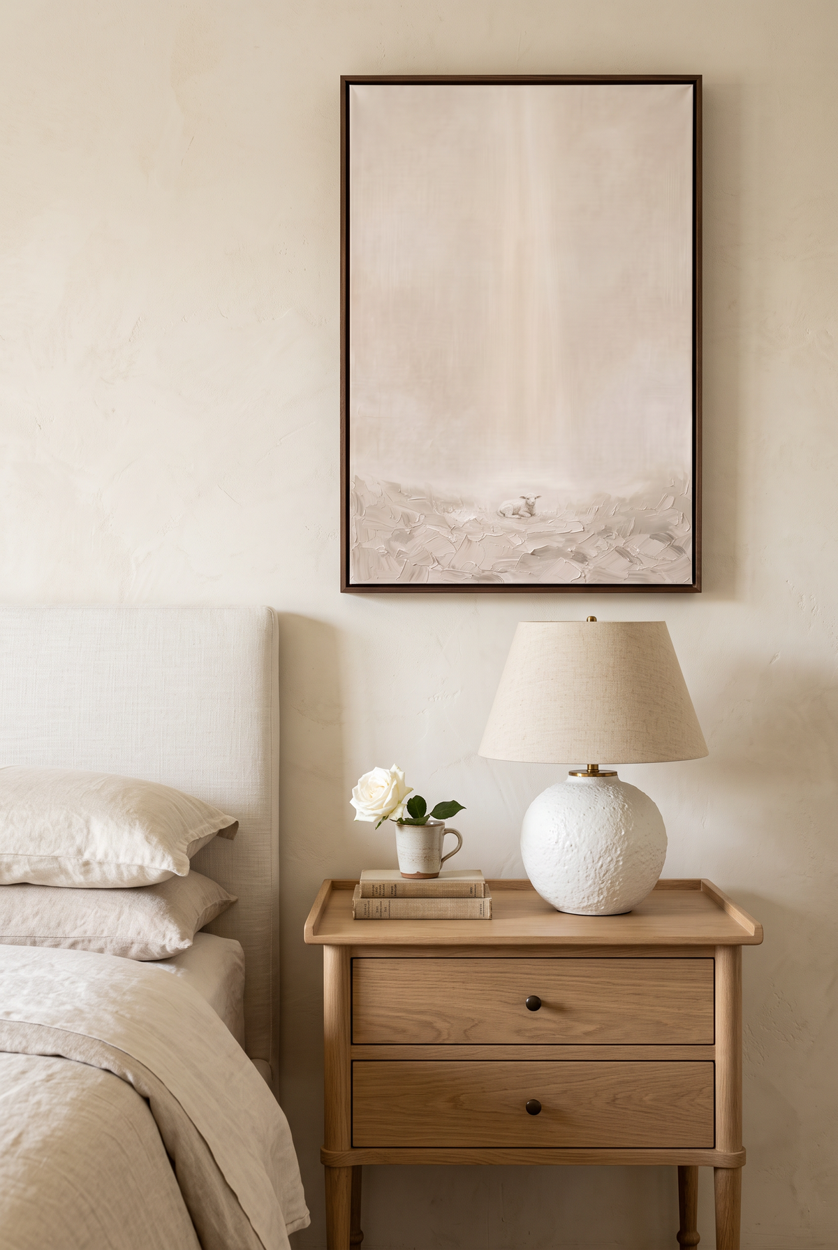Behold the Lamb framed canvas above an oak nightstand with a plaster lamp and a white rose