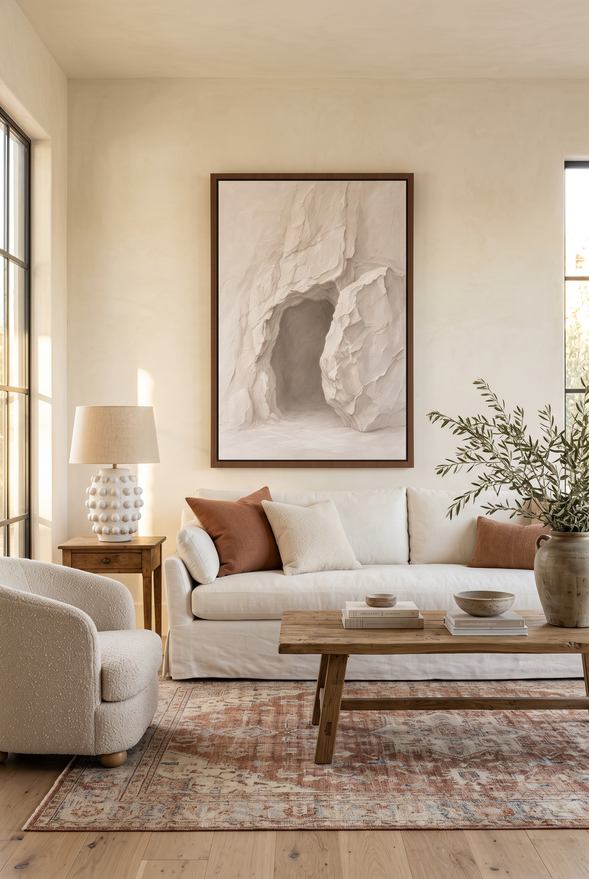He Is Risen framed canvas above a white slipcovered sofa in a warm, layered living room