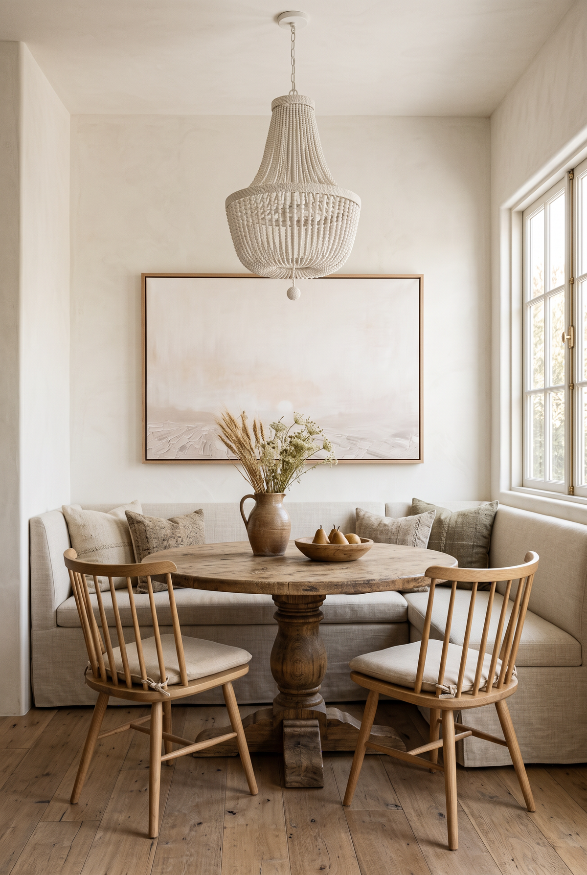 The Sower framed canvas above a linen banquette in a sunny breakfast nook with a beaded chandelier