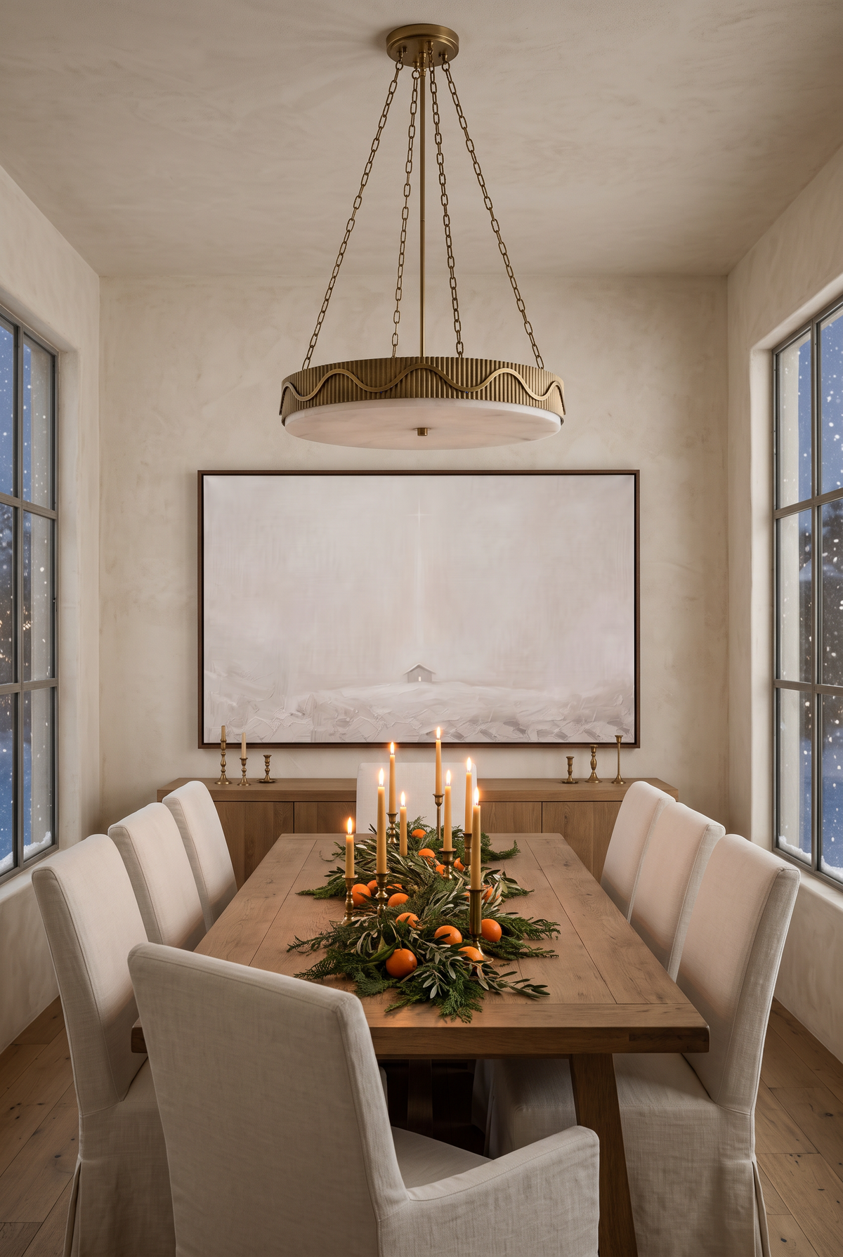 The Quiet Night framed canvas in a candlelit Christmas dining room with cedar garland