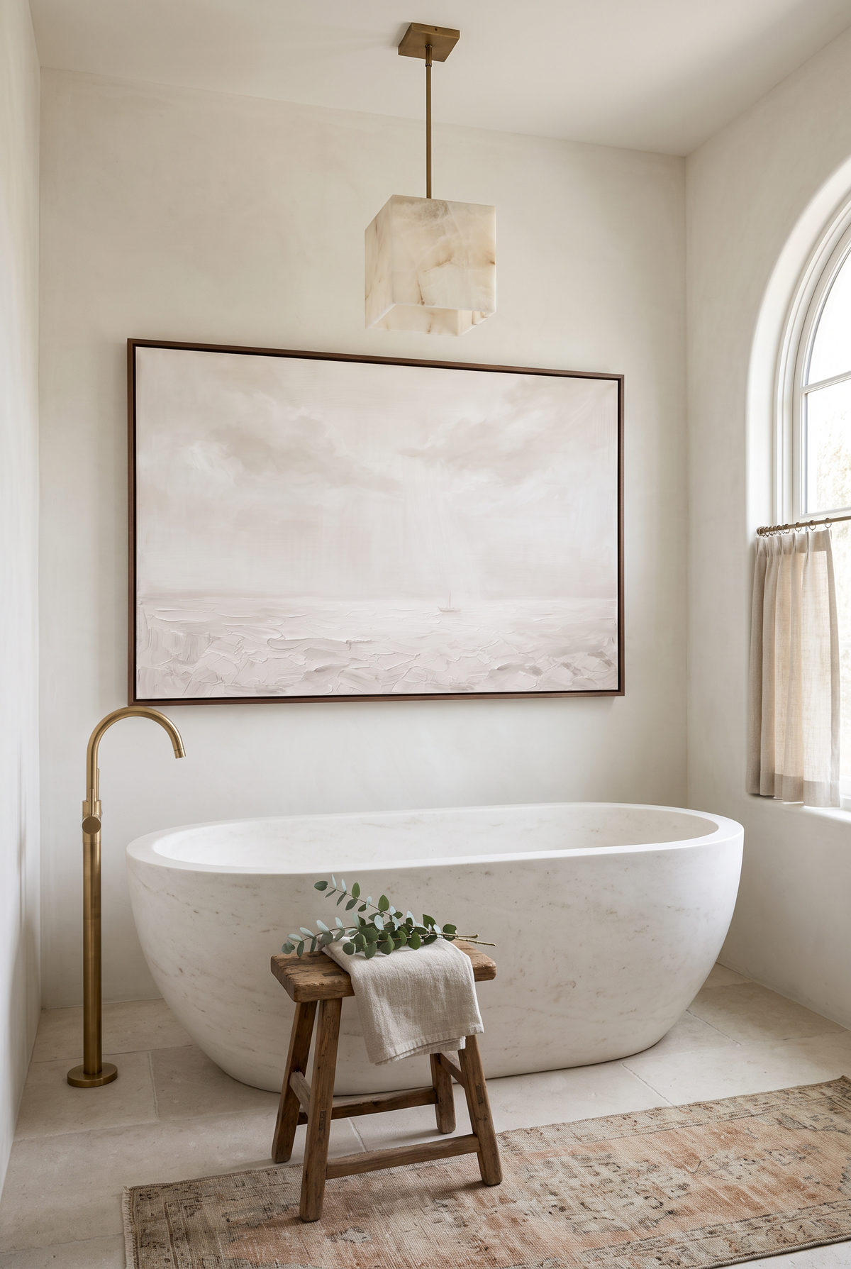 Peace, Be Still framed canvas above a stone soaking tub under an alabaster pendant