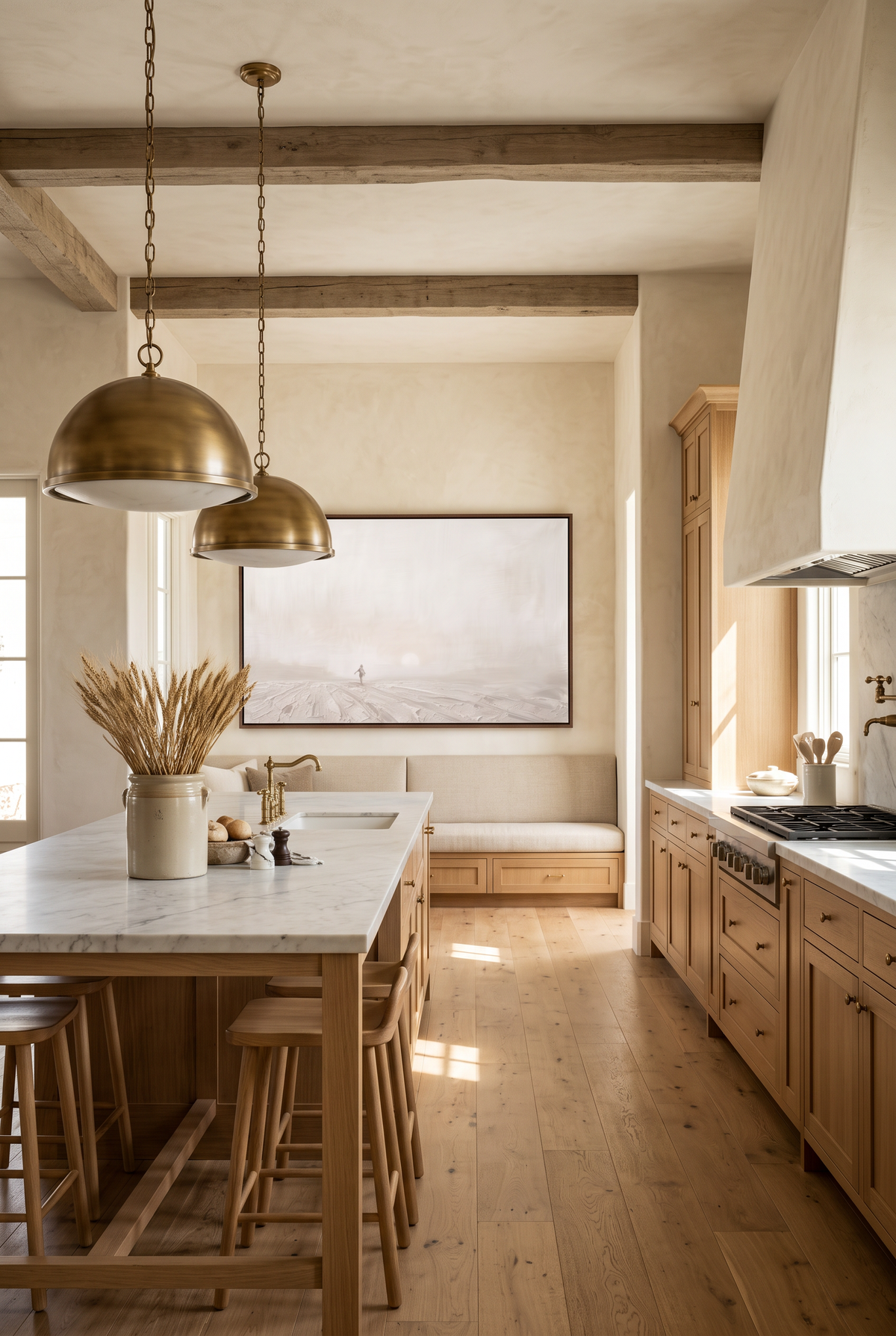 The Sower framed canvas above a linen bench at the end of a warm oak and marble kitchen