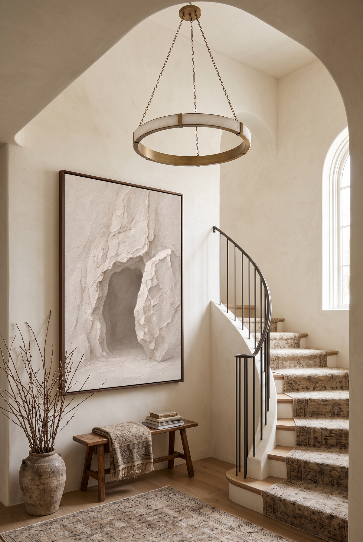 He Is Risen framed canvas on a plaster stair landing beside a curved staircase