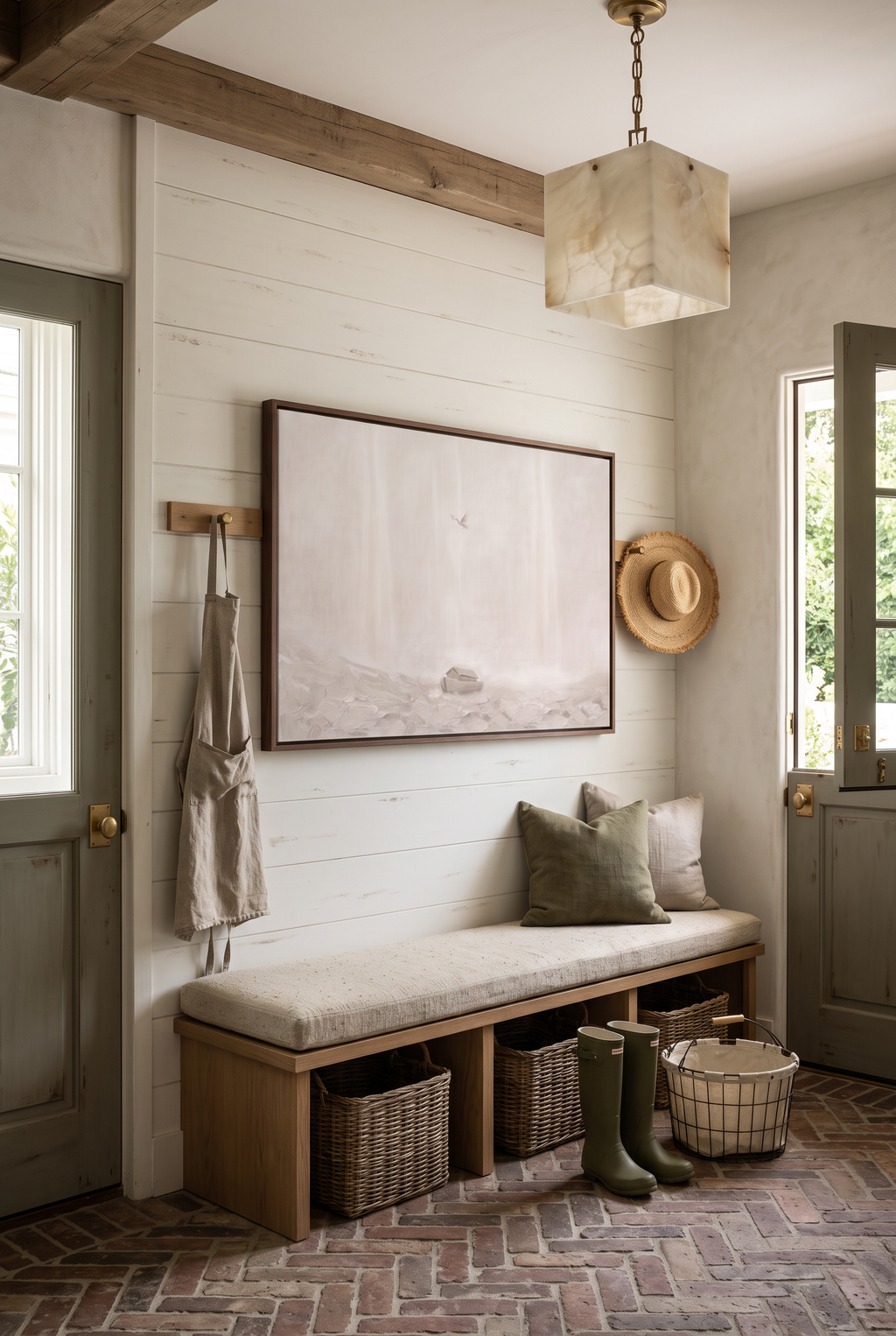 After the Flood framed canvas above a built-in bench in a farmhouse mudroom with brick floors