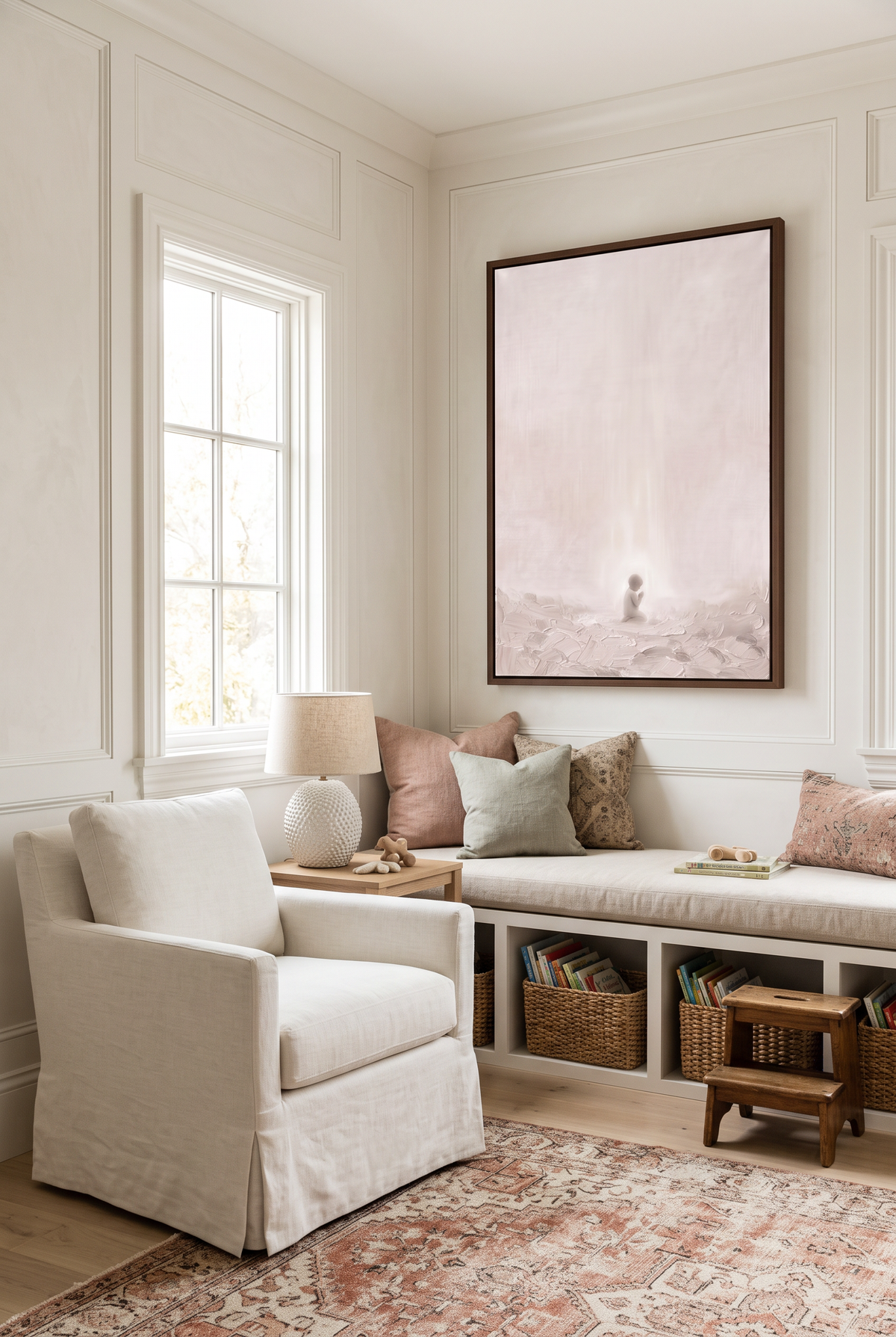 Let the Little Children Come framed canvas above a cushioned window seat in a family reading nook