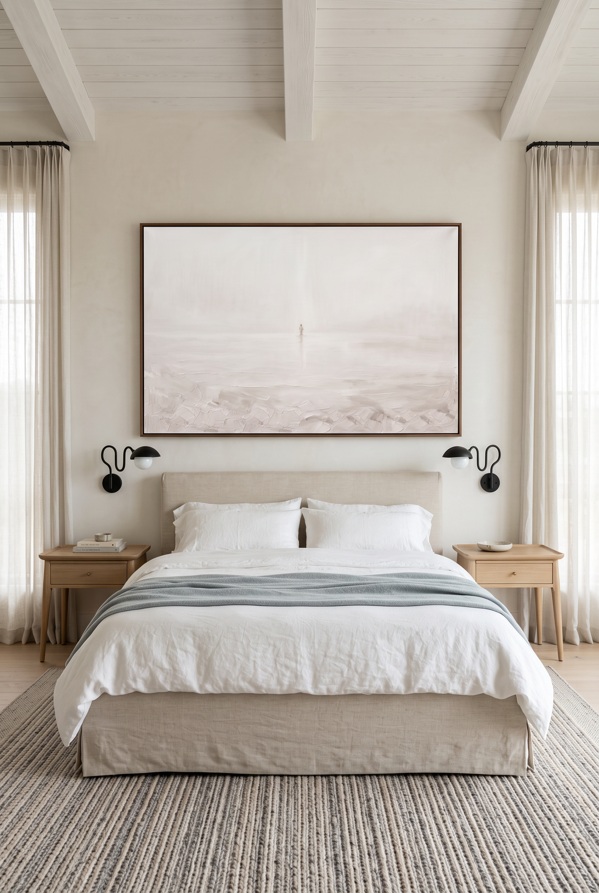 Come framed canvas above a linen bed in a serene white coastal bedroom