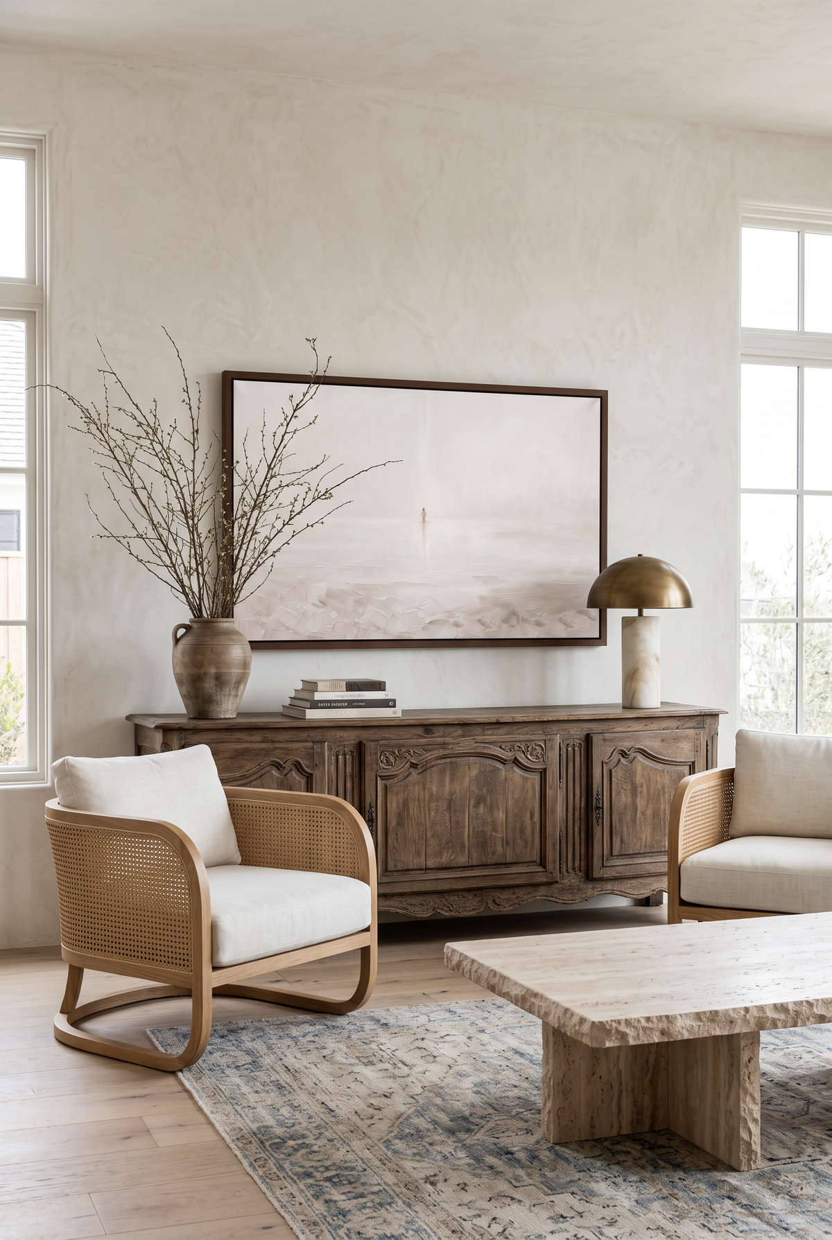Come framed canvas above an antique sideboard between caned lounge chairs in an airy sitting room
