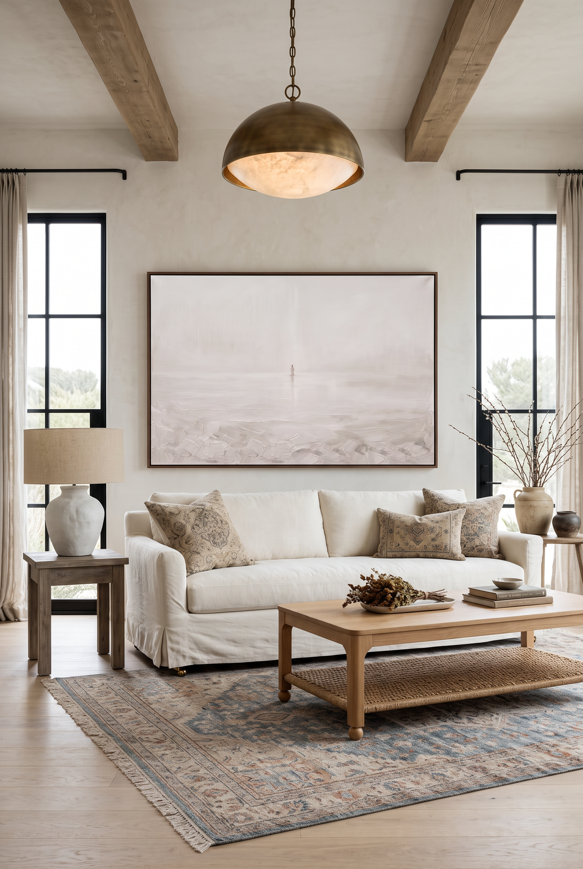 Come framed canvas above a white slipcovered sofa in a bright coastal living room