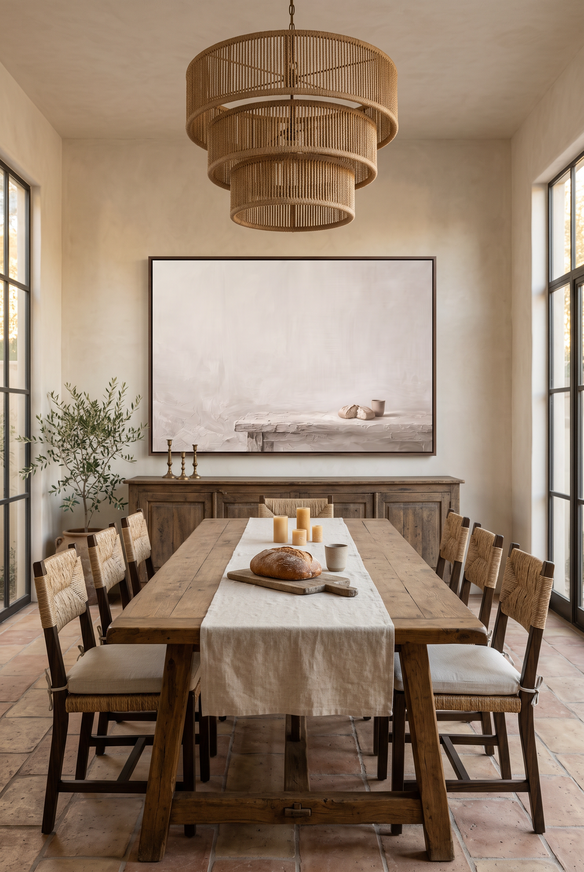 Do This in Remembrance framed canvas above a sideboard in a farmhouse dining room with a woven pendant