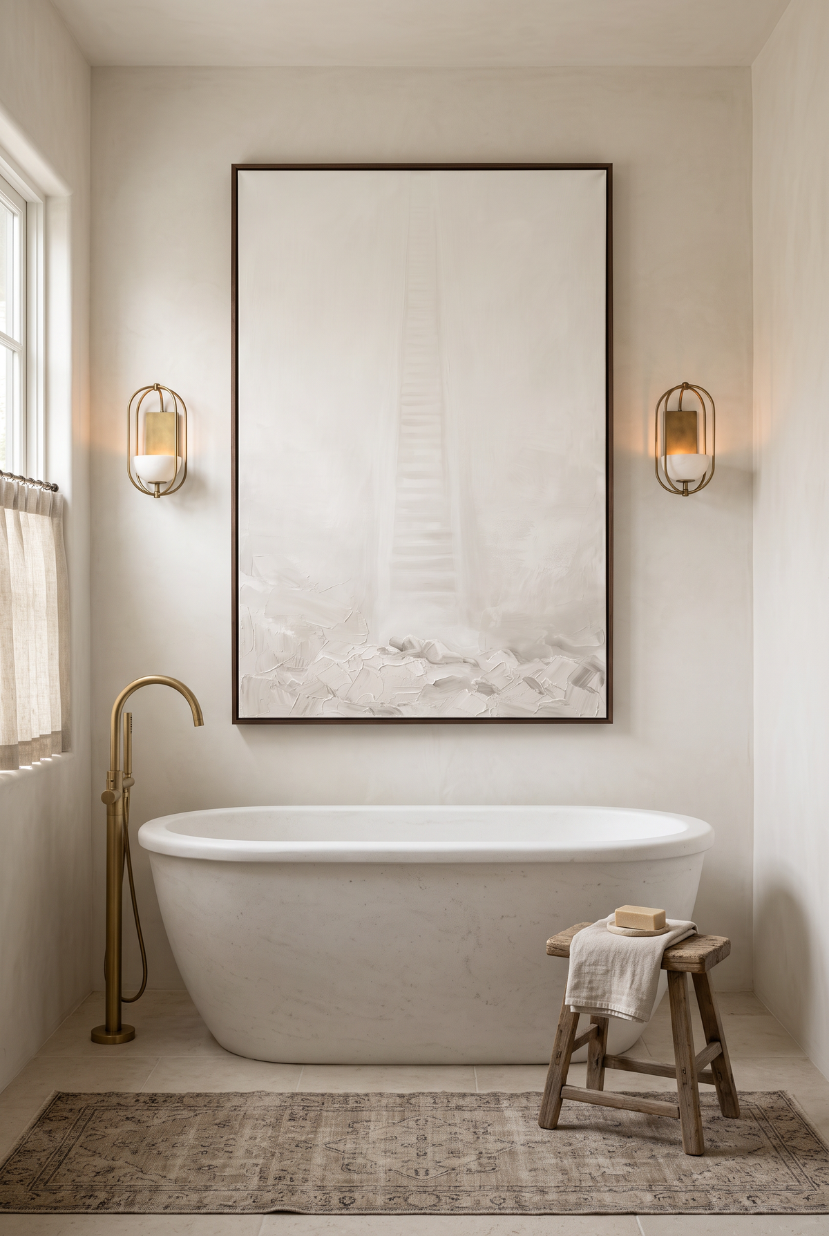 Jacob's Ladder framed canvas above a freestanding stone soaking tub between brass sconces